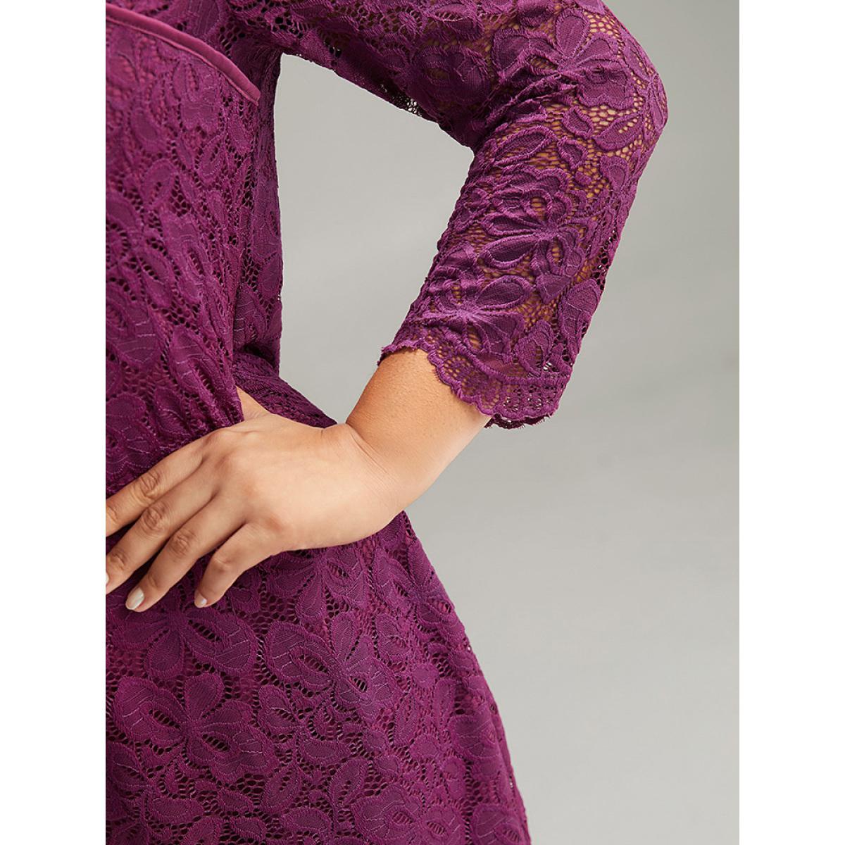Plus Size Crochet Lace Mesh Scalloped Trim Dress Purple Women Glamour Plain V-neck Long Sleeve Curvy Knee Dress BloomChic 26/4X Product Image
