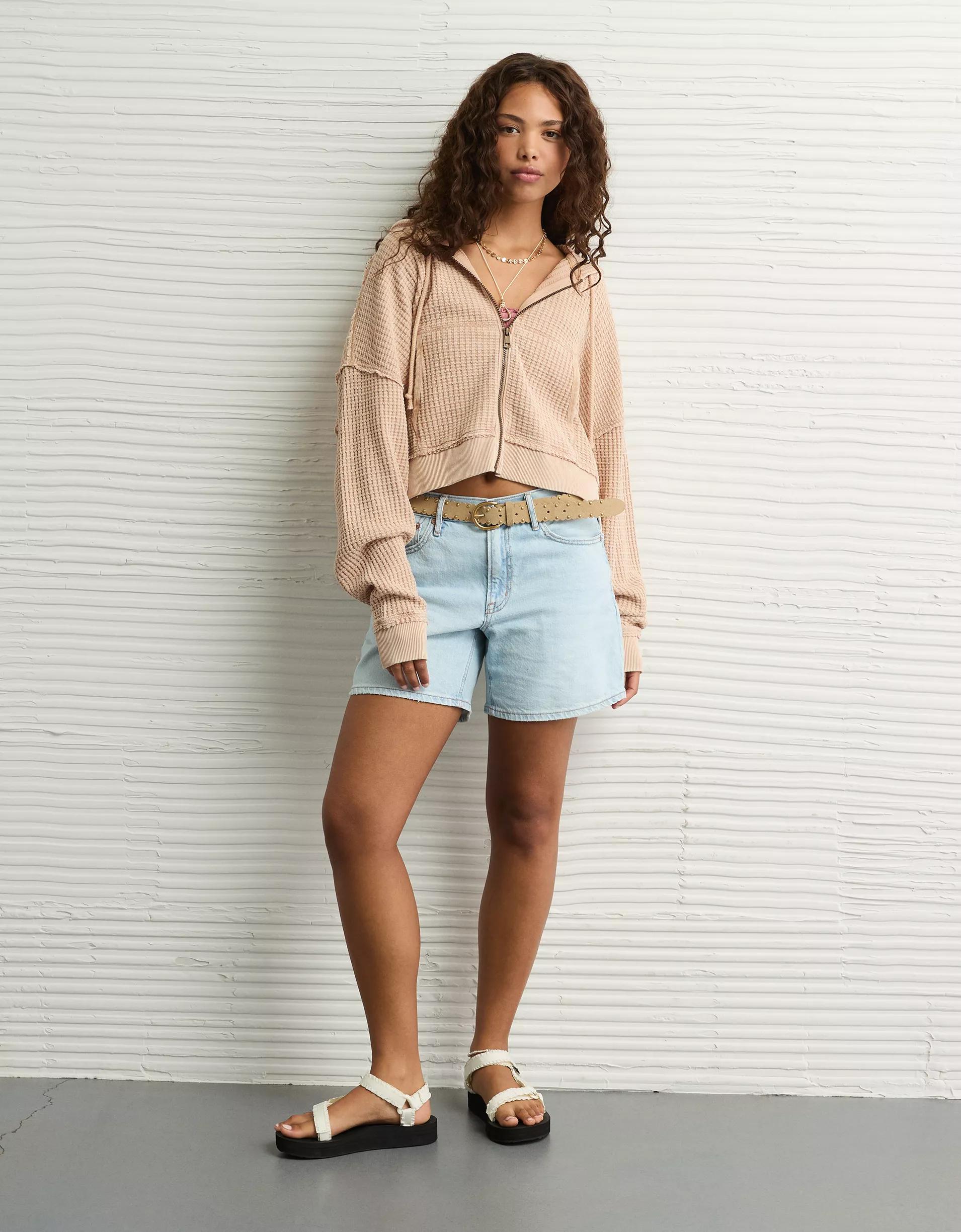 AE Cropped Waffle Zip-Up Hoodie Product Image