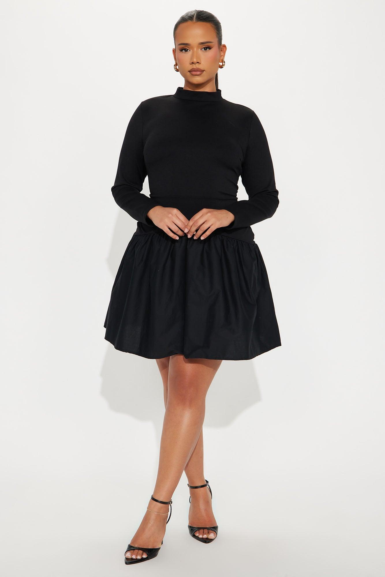 Kennedy Long Sleeve Drop Waist Mini Dress - Black Product Image