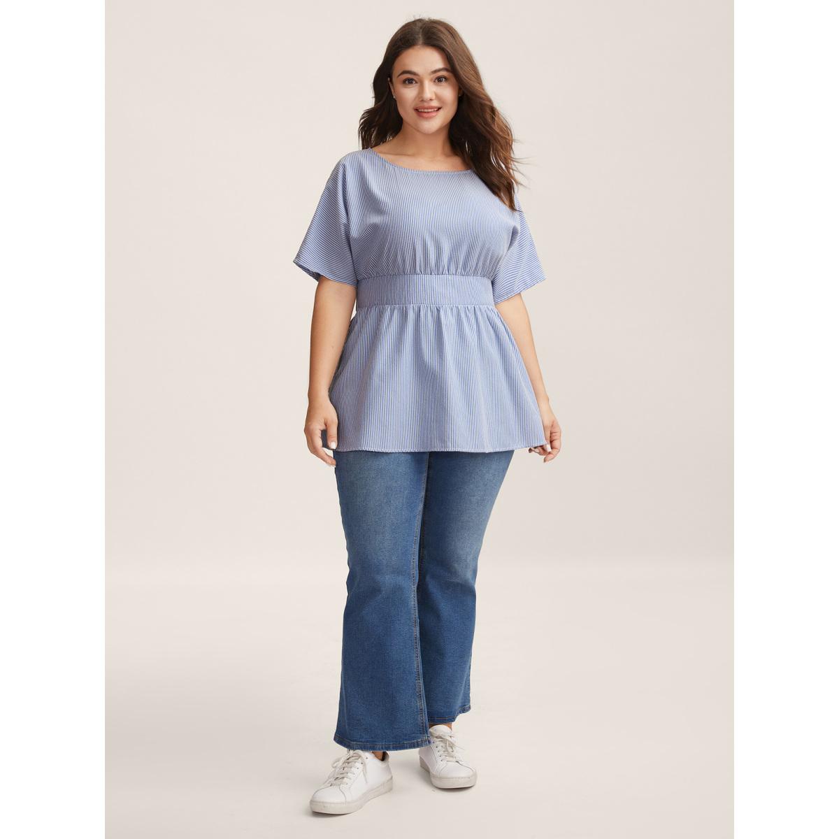 Plus Size LightBlue Backless Bow Tie Stripe Print Cinched Blouse Women Leisure Half Sleeve Boat Neck Casual Blouses BloomChic 26/4X Product Image