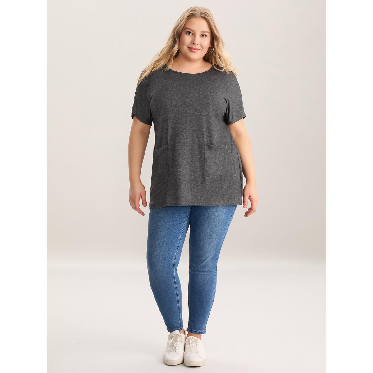 Plus Size Stretchy Knit Pockets Curvy-Fit T-Shirt DimGray Women Non Round Neck Loose Everyday-Casual T-shirts BloomChic 14-16/1X Product Image