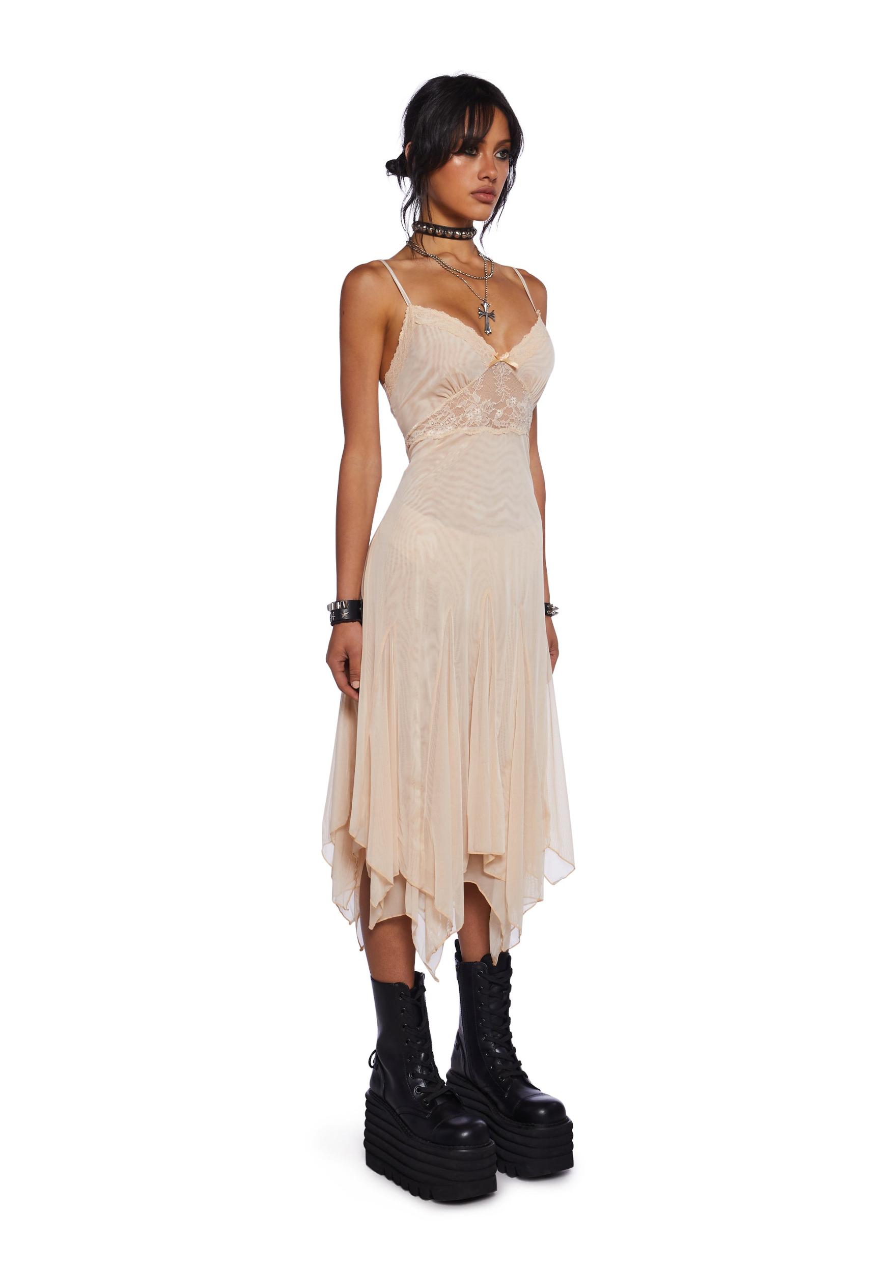 Current Mood Mesh Lace Handkerchief Hem Slip Dress - Off White Product Image