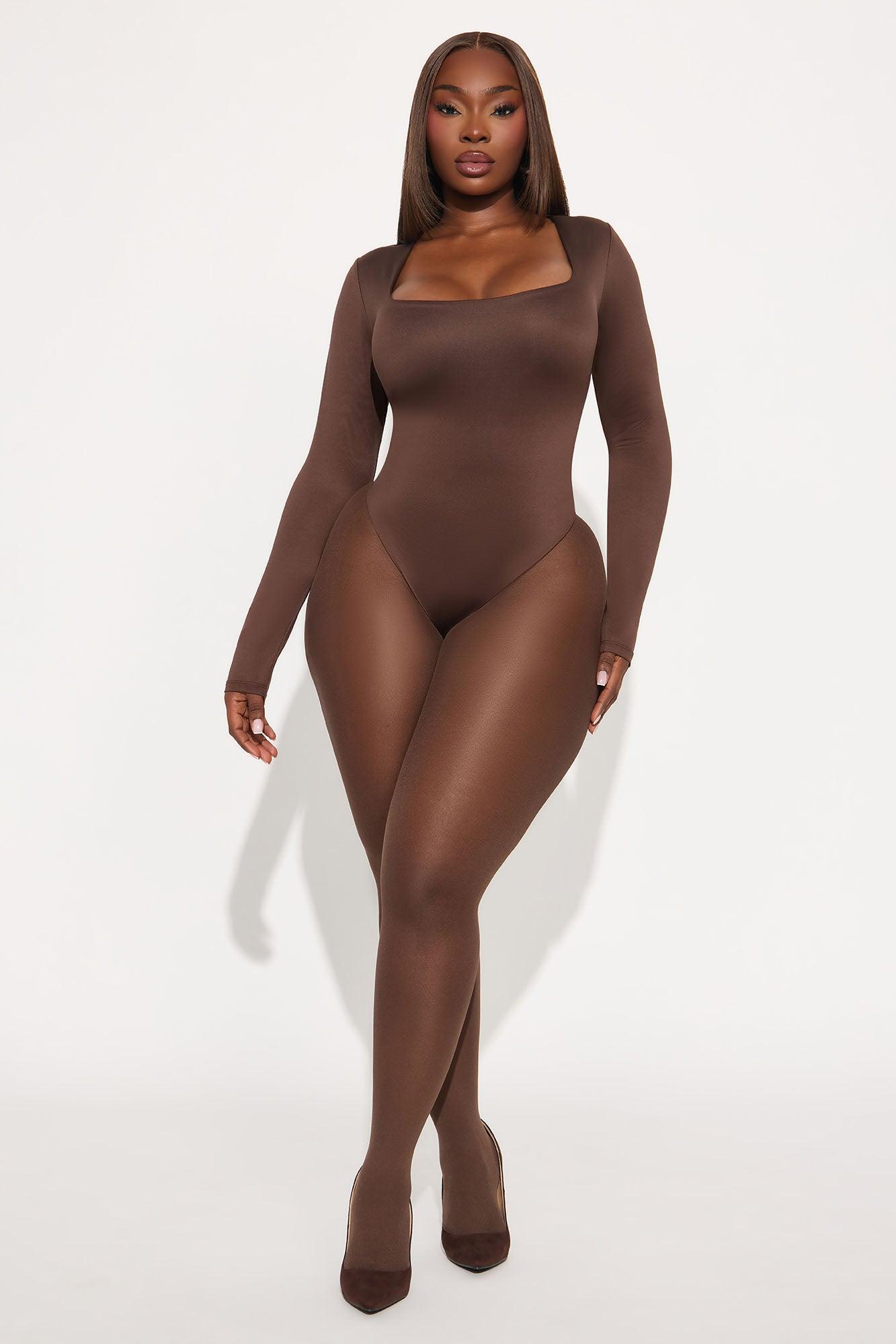 Contour Double Lined Long Sleeve Square Neck Bodysuit - Chocolate Female Product Image