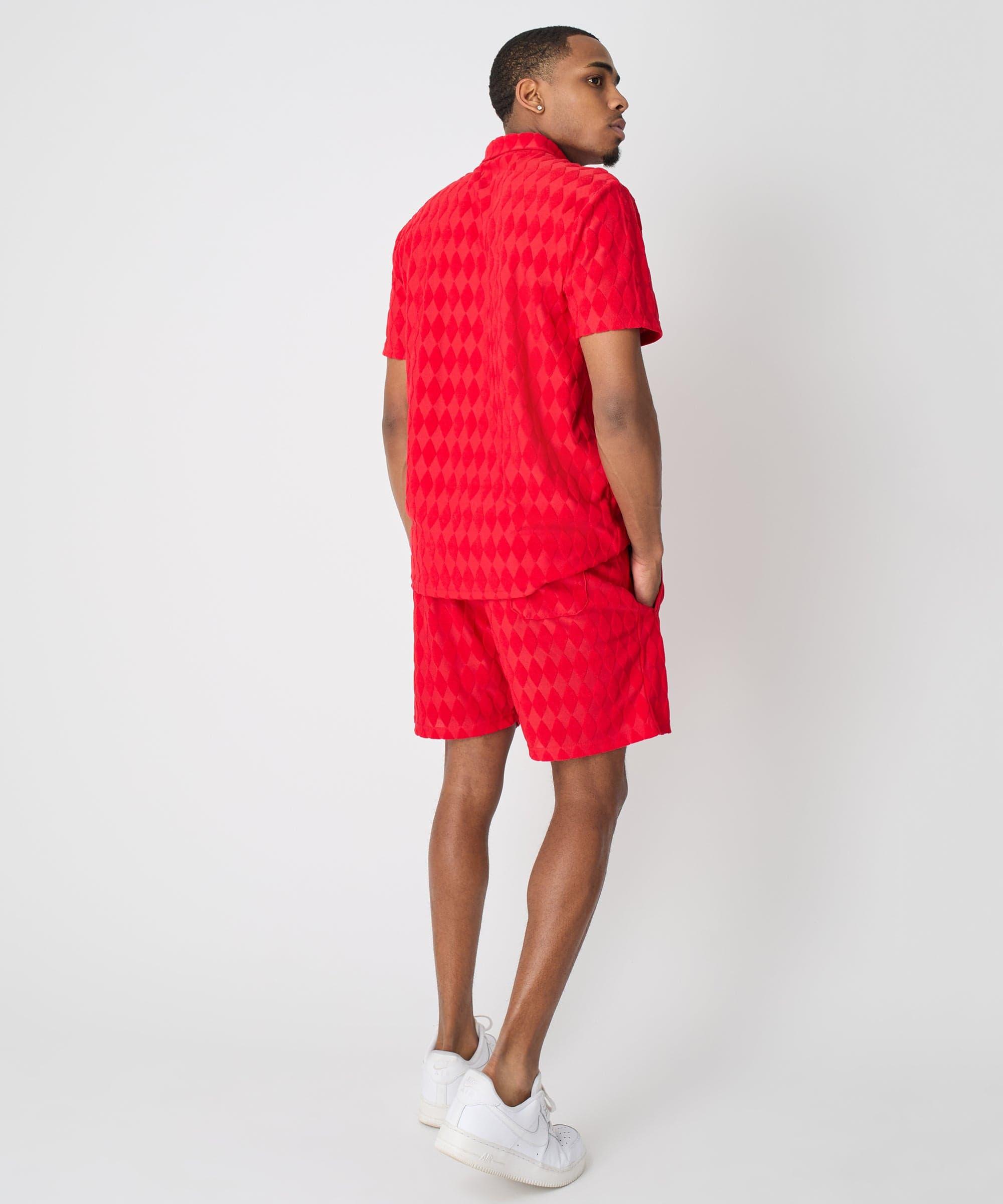 Diamond Plate Towel Color Blocked Short Sleeve Button Down Shirt - Red Product Image