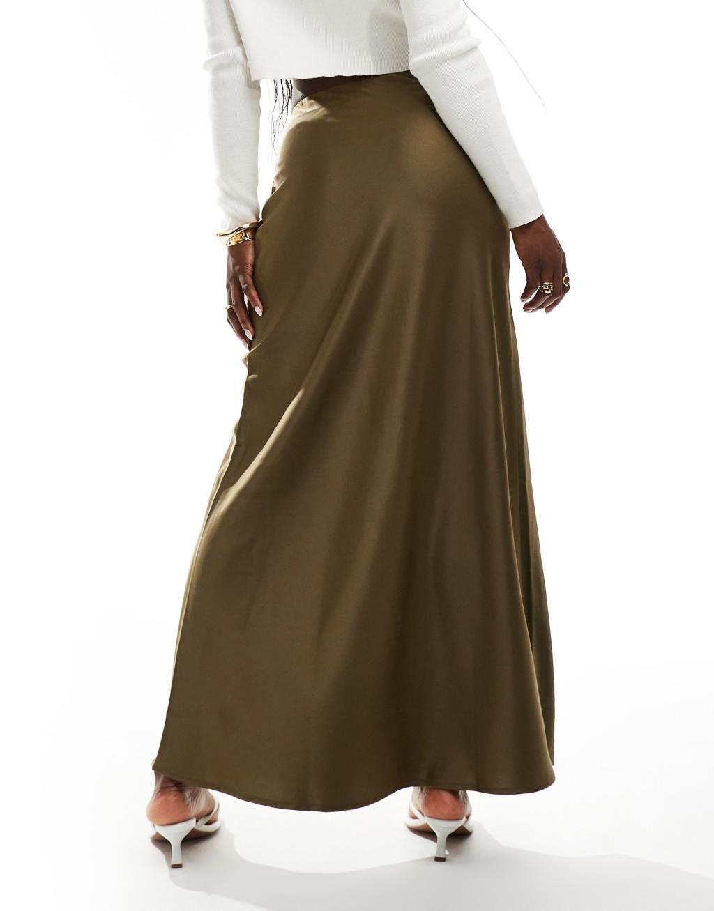 YAS maxi satin skirt in olive green Product Image