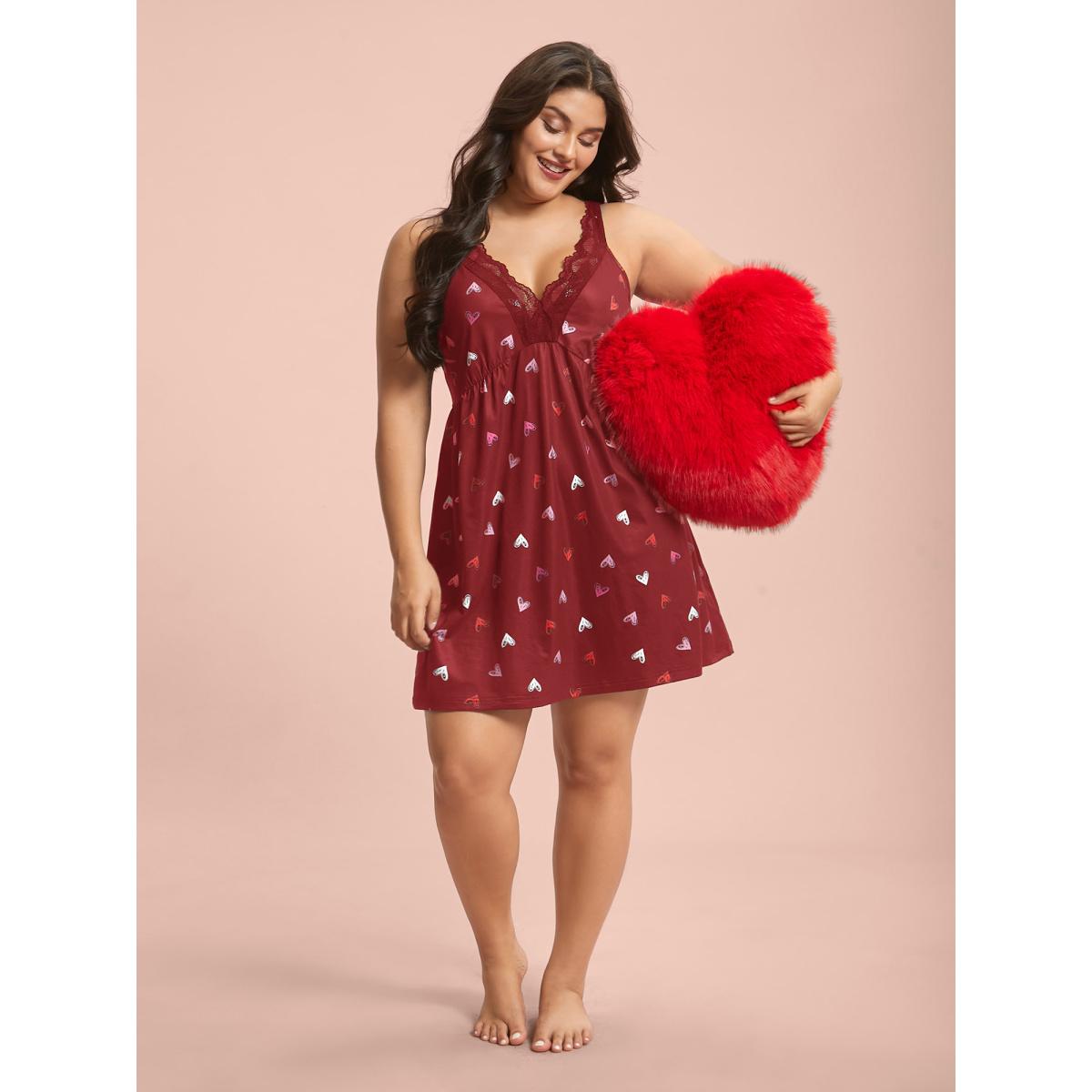 Plus Size Multi-Color Lace Trim Stitch Lounge Dress Women Crimson Lounge Woven ribbon&lace trim Deep V-neck Loungewear BloomChic 18-20/2X Product Image