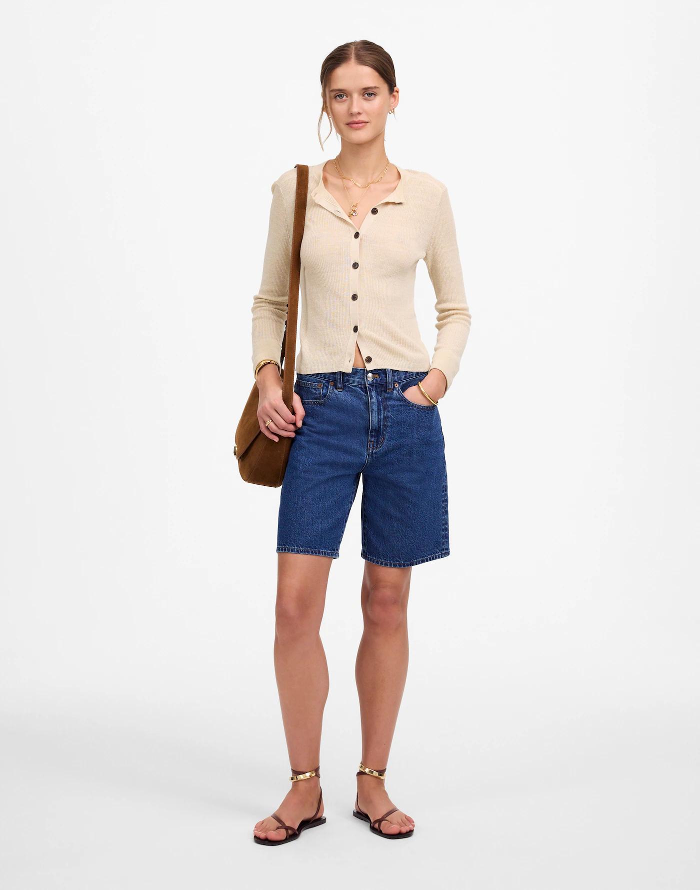 Linen-Blend Crewneck Cardigan Product Image