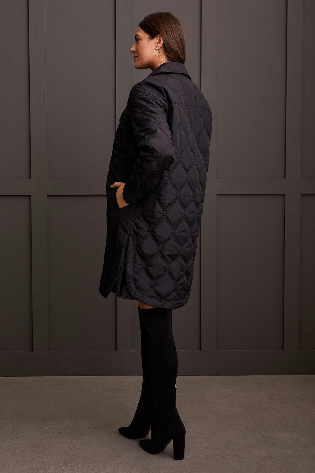 Long Quilted Button Up Jacket w/ Pockets- Black Product Image