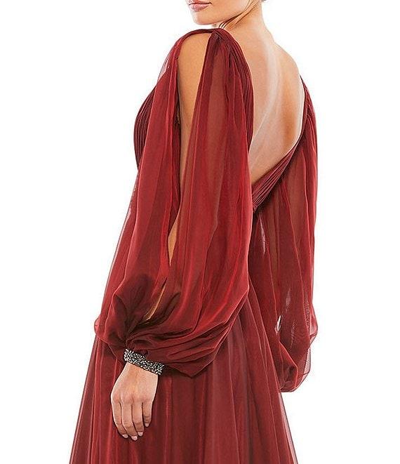 Mac Duggal V-Neck Beaded Cuff Open Long Sleeve Chiffon A-Line Plunge Back Detail Gown Product Image