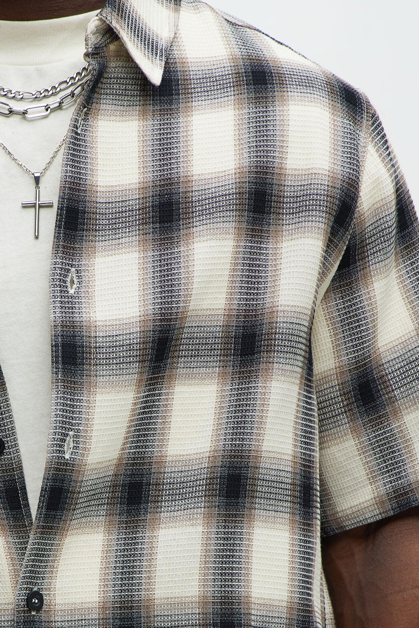 Plaid Waffle Texture Button Up Shirt - Black/combo Product Image