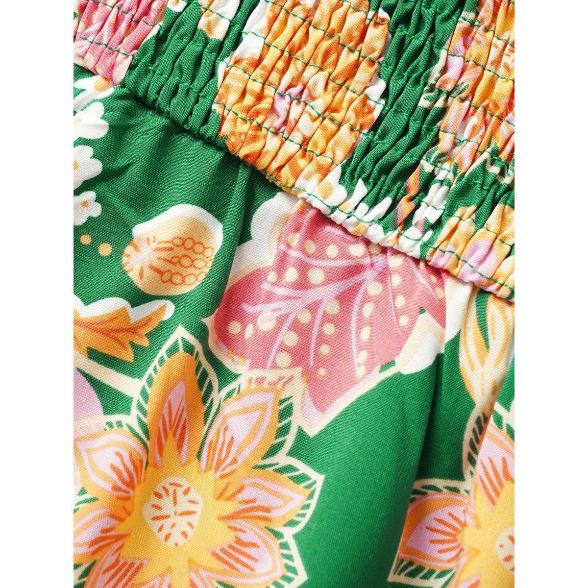 Plus Size Floral Shirred Off Shoulder Flutter Sleeve Dress Green Women Resort Shirred One-shoulder neck Short sleeve Curvy BloomChic 14-16/1X Product Image