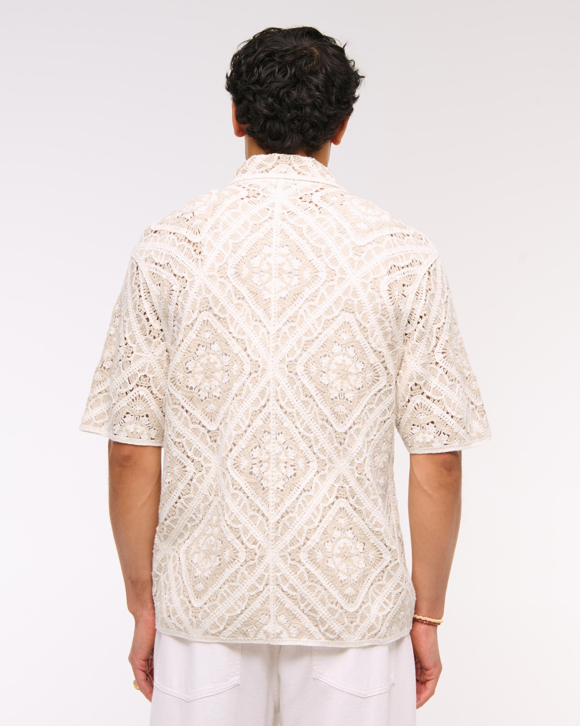 Crochet-Style Border Stripe Button-Through Sweater Polo Product Image