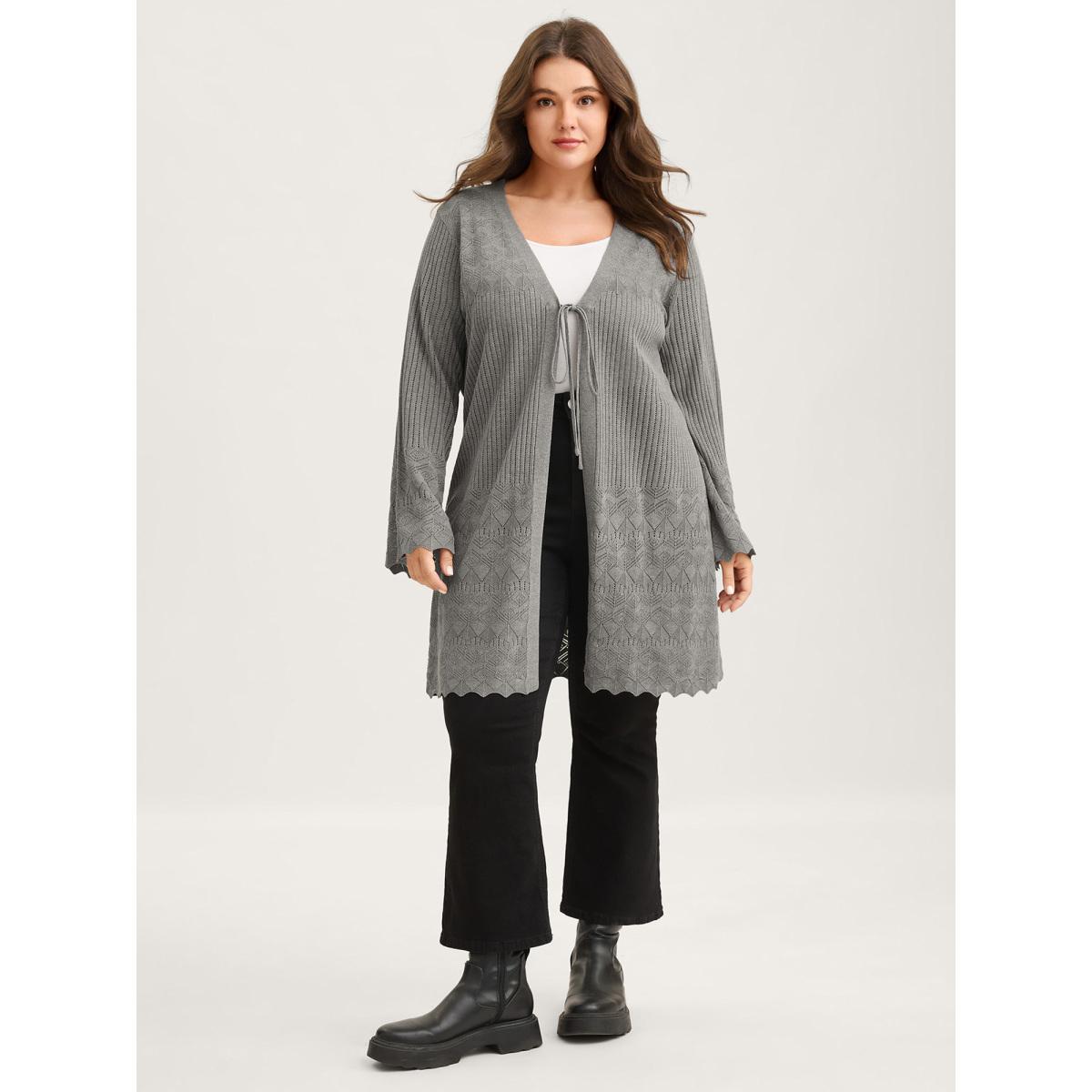 Plus Size Front Tie Textured Long Knit Cardigan DarkGray Women Leisure Loose Long Sleeve Casual Cardigans BloomChic 22-24/3X Product Image