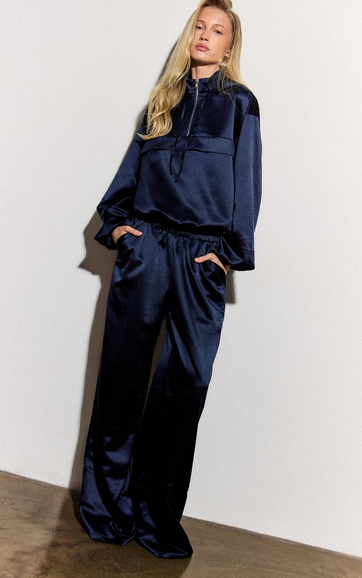 Navy Satin Zip Up Hooded Pullover Jacket Product Image