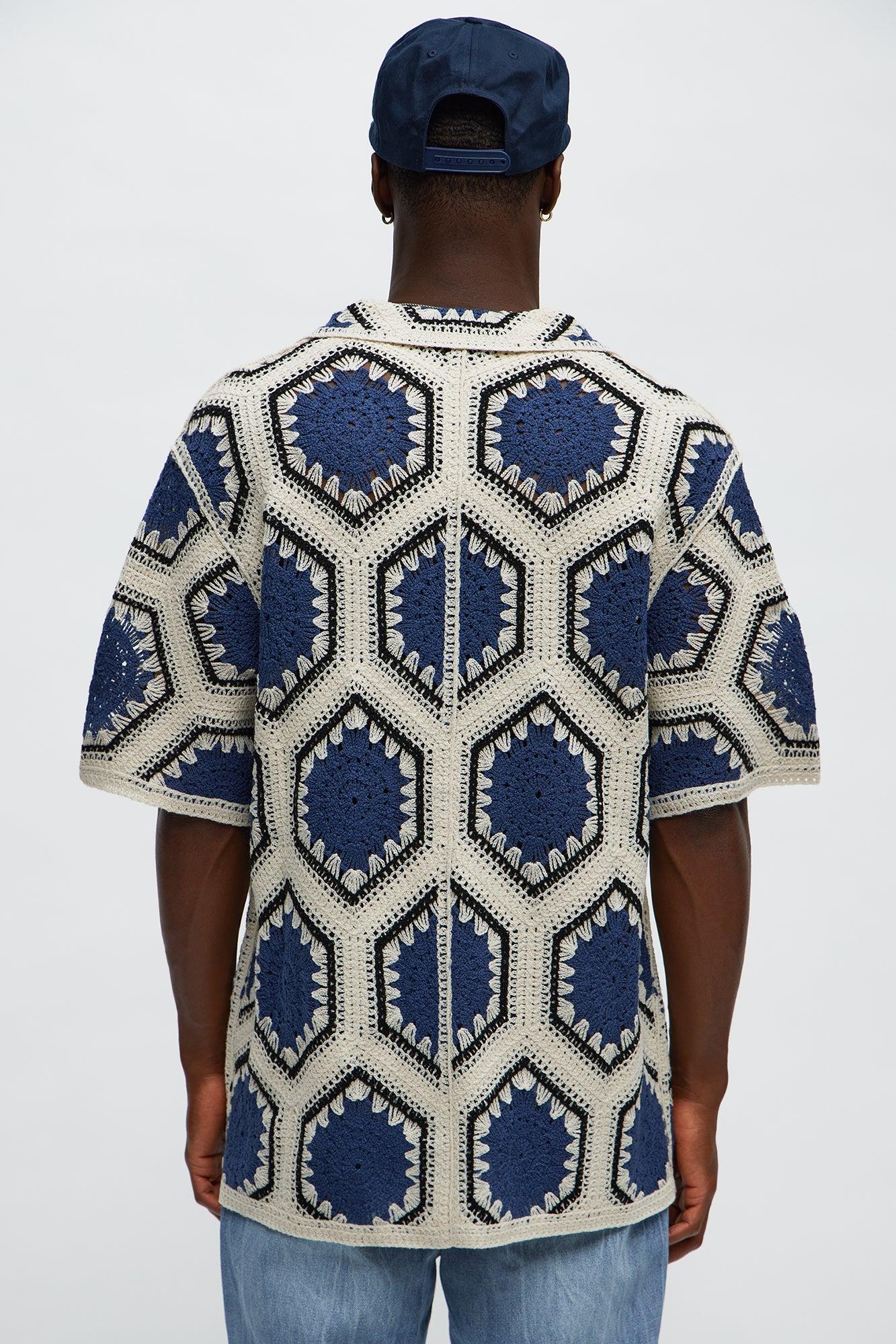 Vacay Vibes Crochet Button Up Shirt - Navy/combo Male Product Image