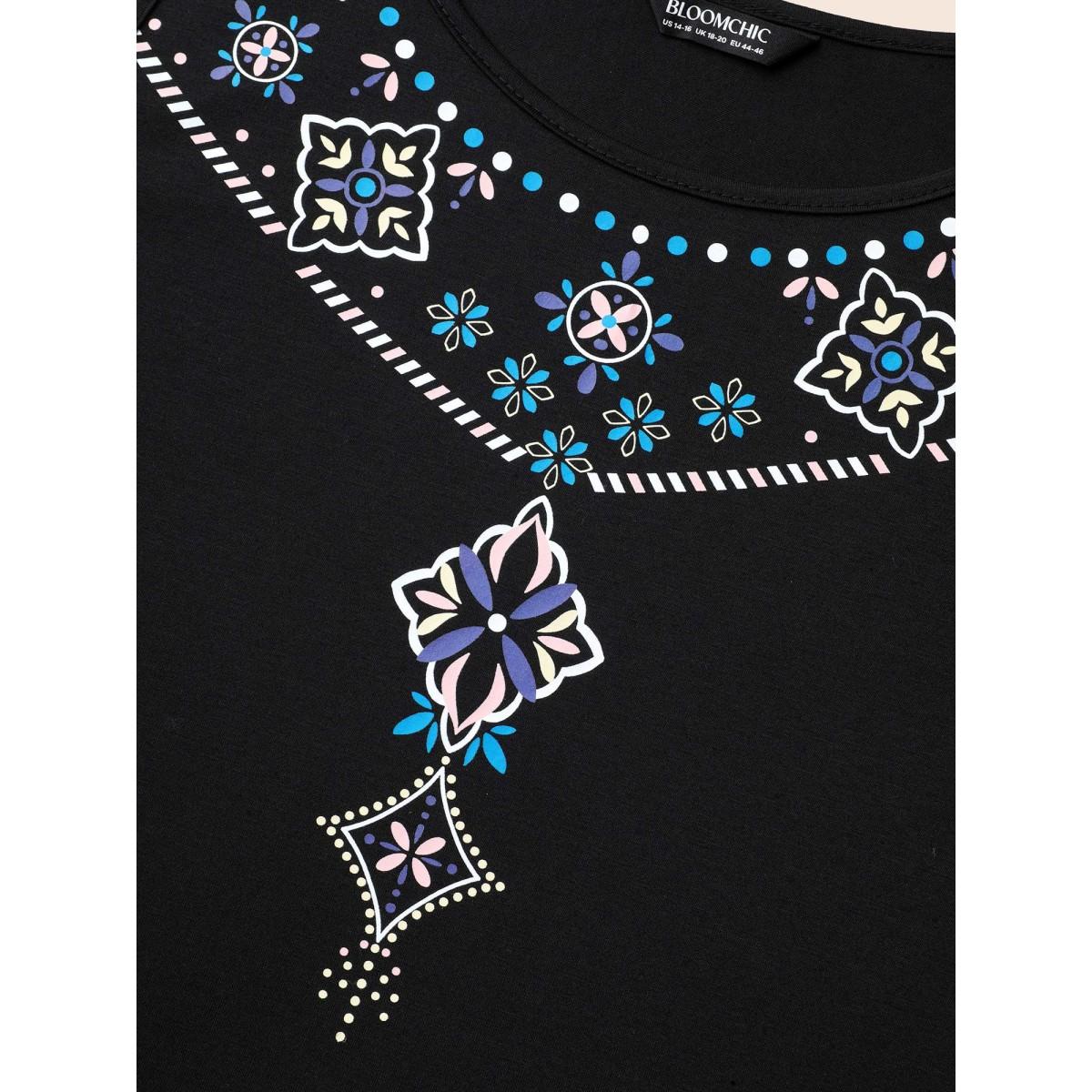 Plus Size Boho Print Stretchy Round Neck Vest Women Black Leisure Non Round Neck Casual Tank Tops Camis BloomChic 22-24/3X Product Image