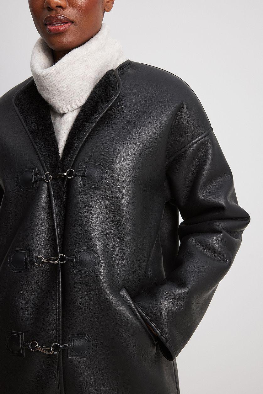 Faux Fur Button Detail PU Coat Product Image