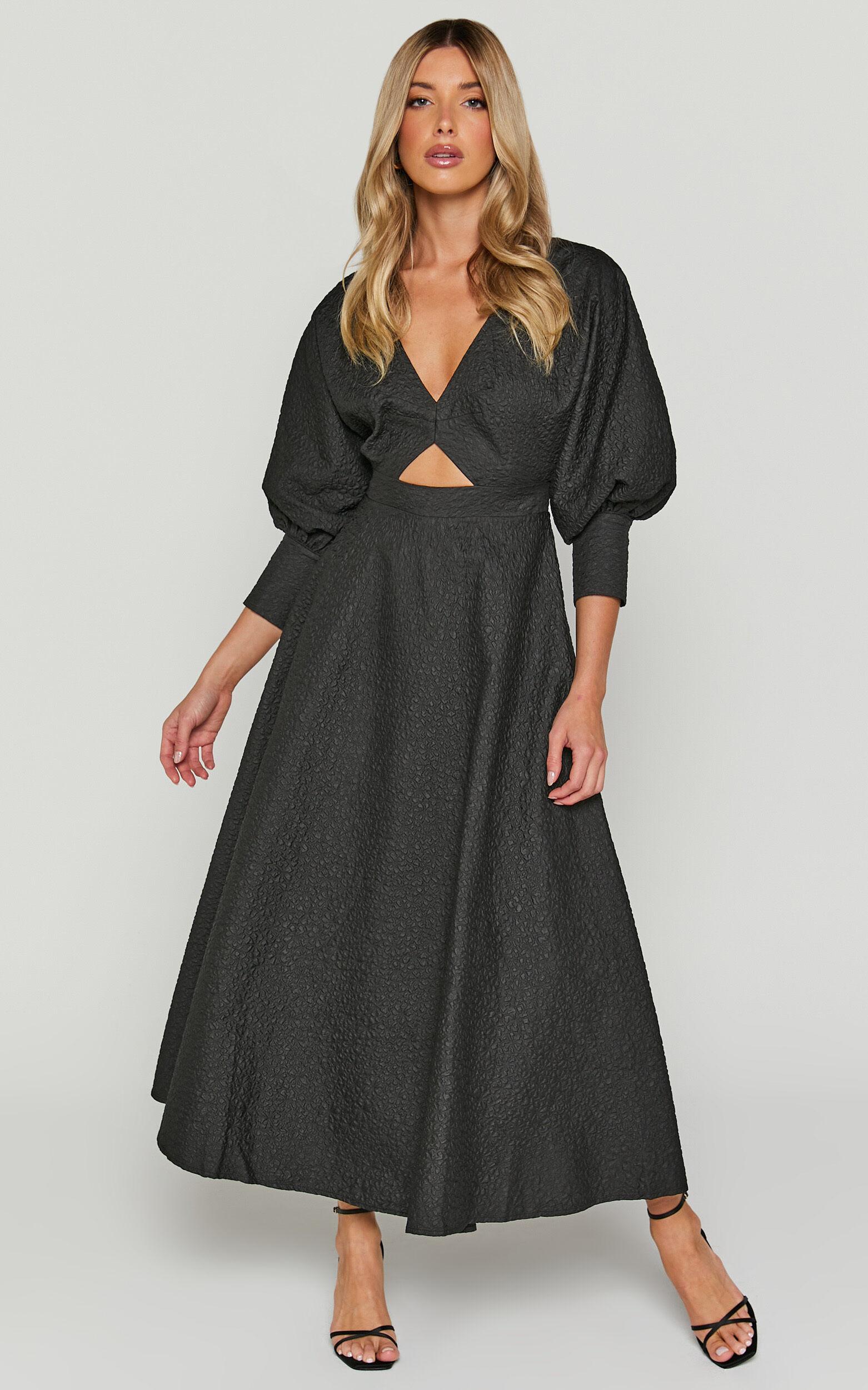 Ashtina Midi Dress - V Neck Cut Out Puff Sleeve Dress in Black Product Image
