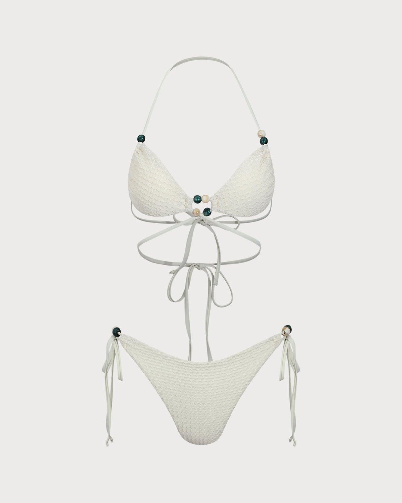 Beige Beaded Halter Bikini Set Product Image