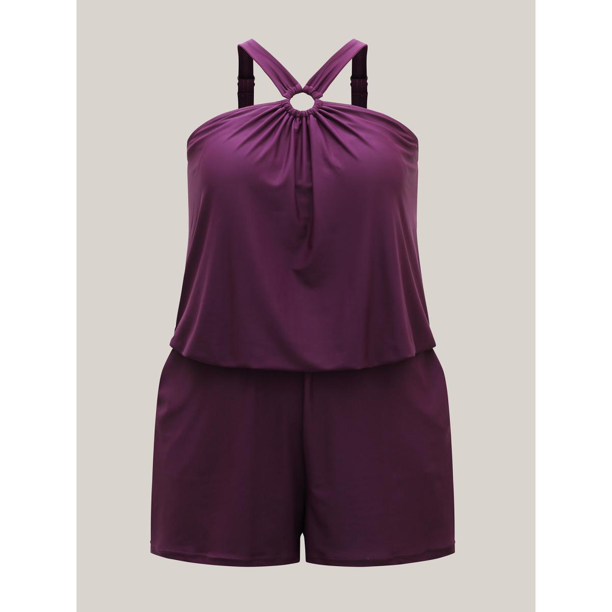 Plus Size Halter Neck Pockets Cinched One-Piece Swimsuit Women's Swimwear Eggplant Resort Cut-Out Curve Bathing Suits High stretch One Pieces BloomChic 14-16/1X Product Image