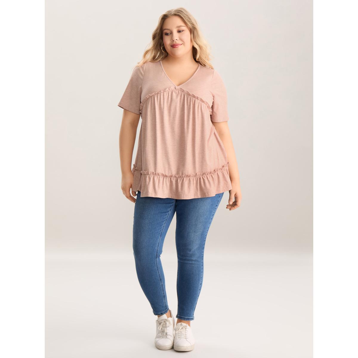 Plus Size Petal Trim Ruffled Hem Tiered T-Shirt Dirtypink Women Gathered V-neck Everyday-Casual T-shirts BloomChic 12/L Product Image