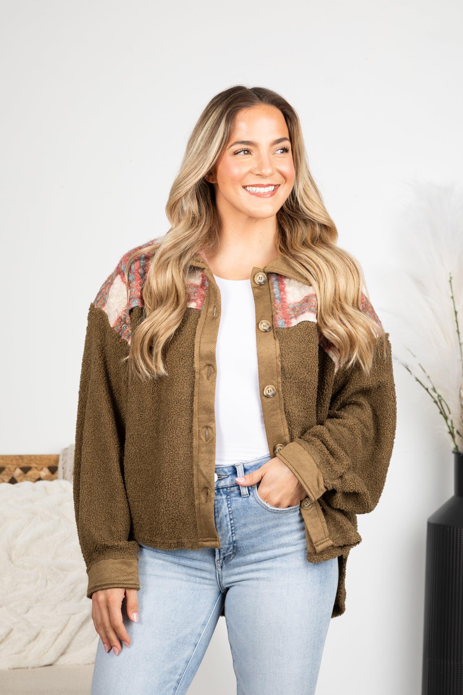 Olive Plaid Sherpa Yoke Shacket Product Image