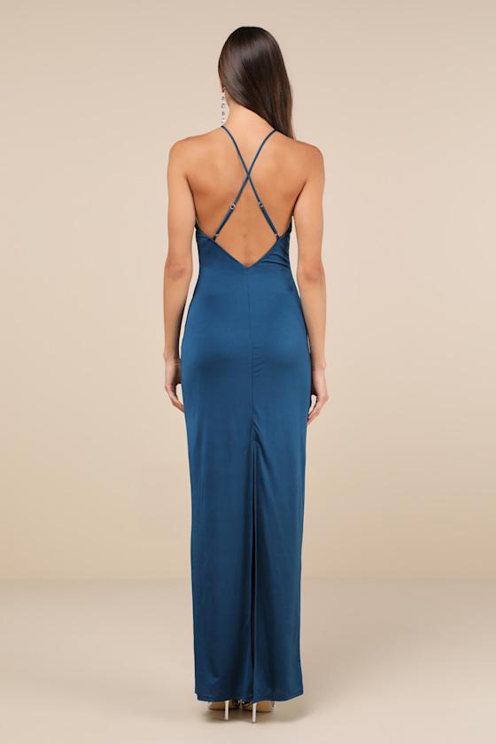 Momentous Glamour Dark Teal Cross-Front Backless Maxi Dress Product Image