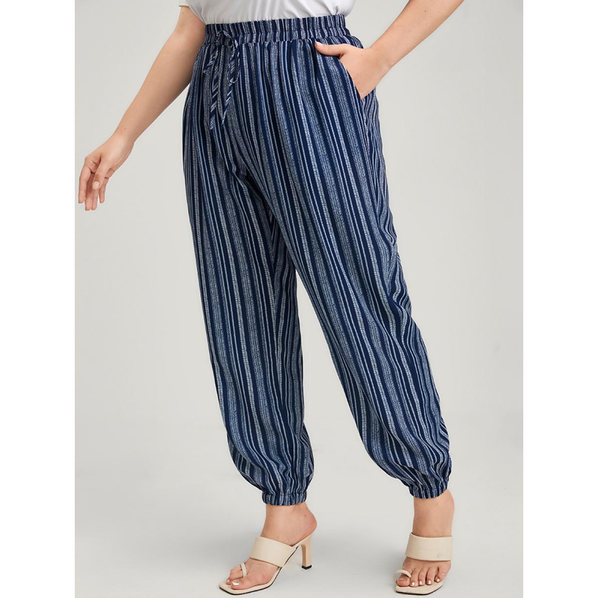 Plus Size Striped Elastic Waist Pocket Ties Pants Women DarkBlue Casual Mid Rise Dailywear Pants BloomChic 10/M Product Image