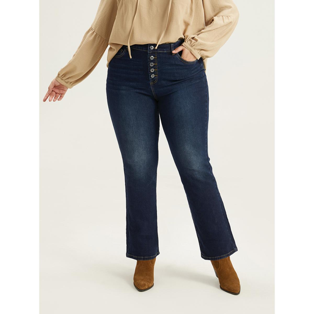 Plus Size Straight Leg Button Fly Pocket Jeans Women Indigo Casual Plain Plain High stretch Pocket Jeans BloomChic 16/1X Product Image