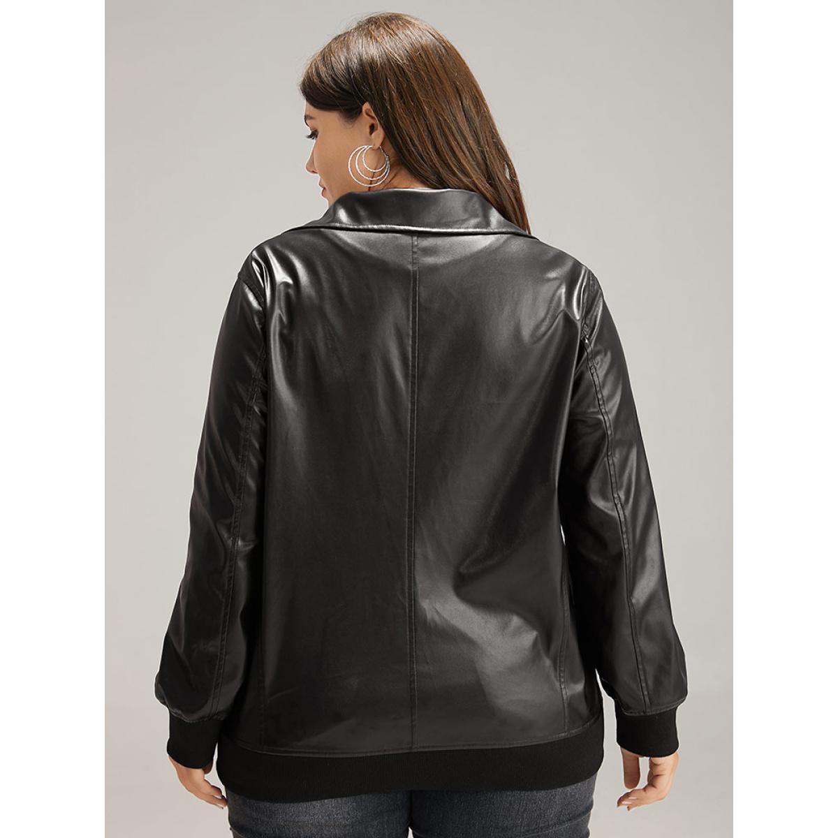 Plus Size Plain Zipper Fly Rib Knit Patchwork Jacket Women Black Elastic cuffs Pocket Dailywear Jackets BloomChic 12/L Product Image