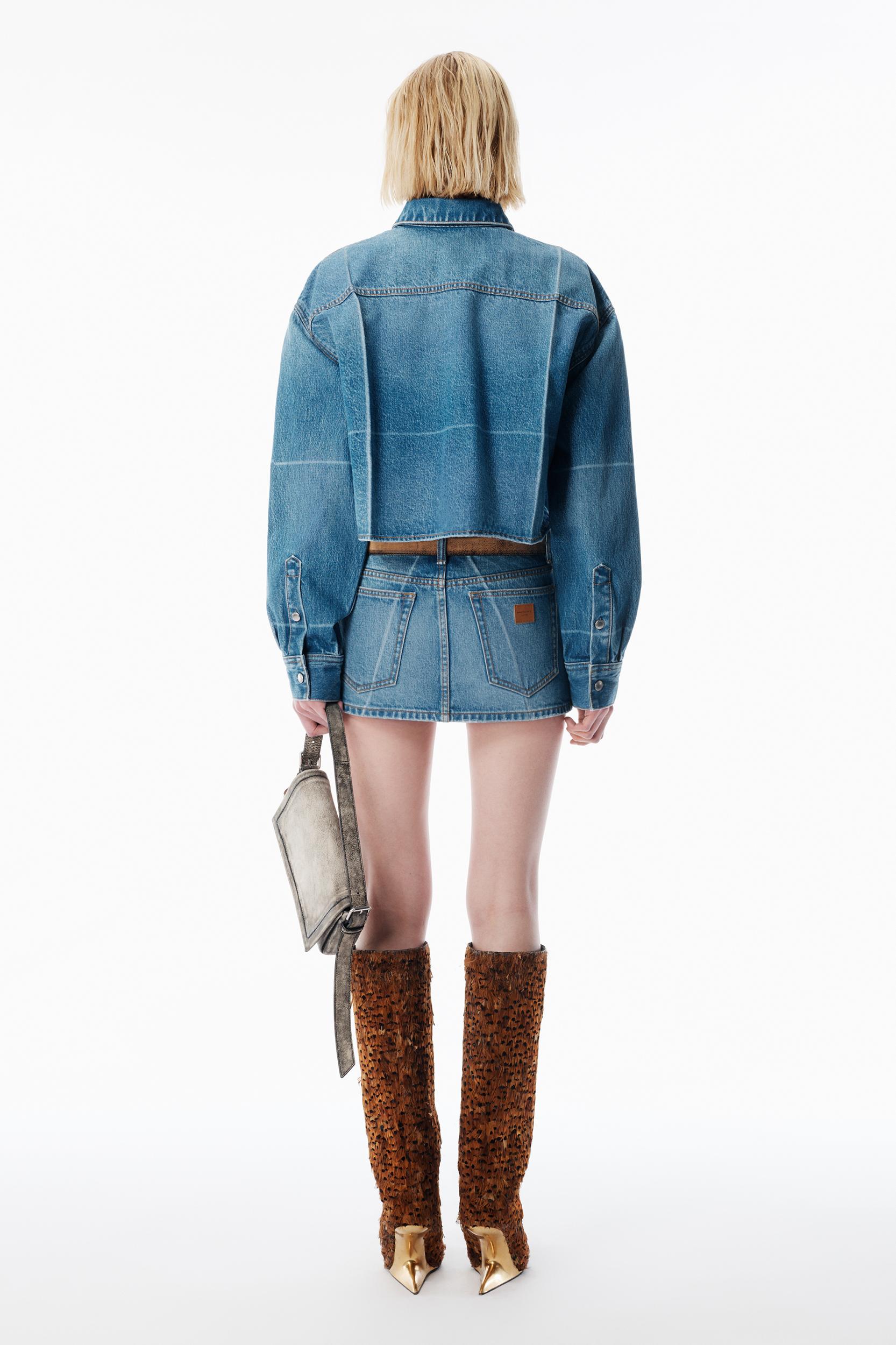 Vintage-effect Marbled Blue Denim Cropped Shirt Product Image