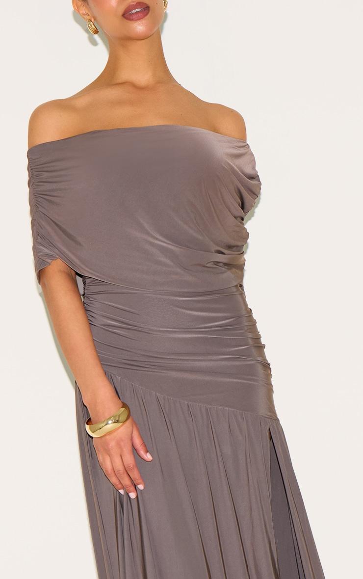 Petite Taupe Double Layer Slinky Bardot One Shoulder Ruched Maxi Dress Product Image