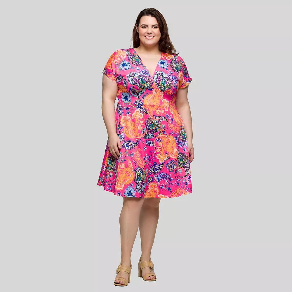 Plus Size 24Seven Comfort Apparel V-Neck Empire Waist Knee-Length Dress, Women's, Size: 1XL, Pink Team Product Image