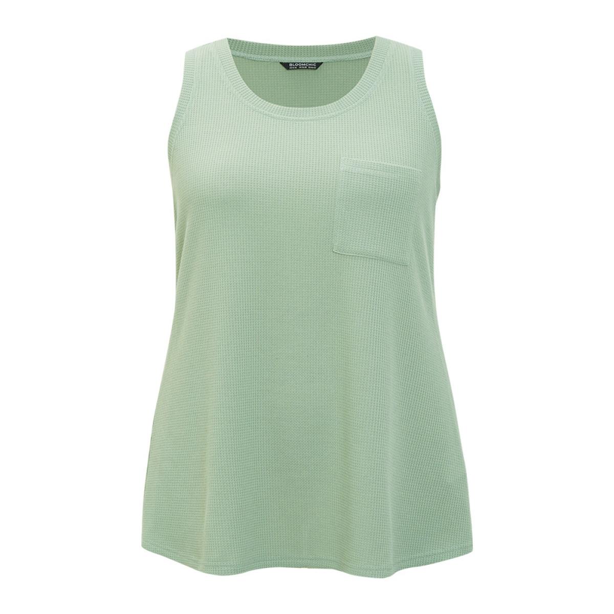 Plus Size Solid Patched Pocket Waffle Knit Tank Top Women Sage Casual Round Neck Dailywear Tank Tops Camis BloomChic 30/6X Product Image