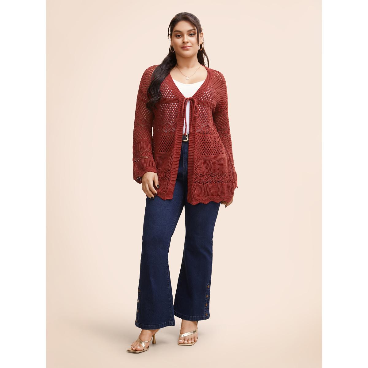 Plus Size Texture Tie Knot Bell Sleeve Cardigan Russet Women Casual Loose Three Quater Length Sleeve Everyday Cardigans BloomChic 28/5X Product Image