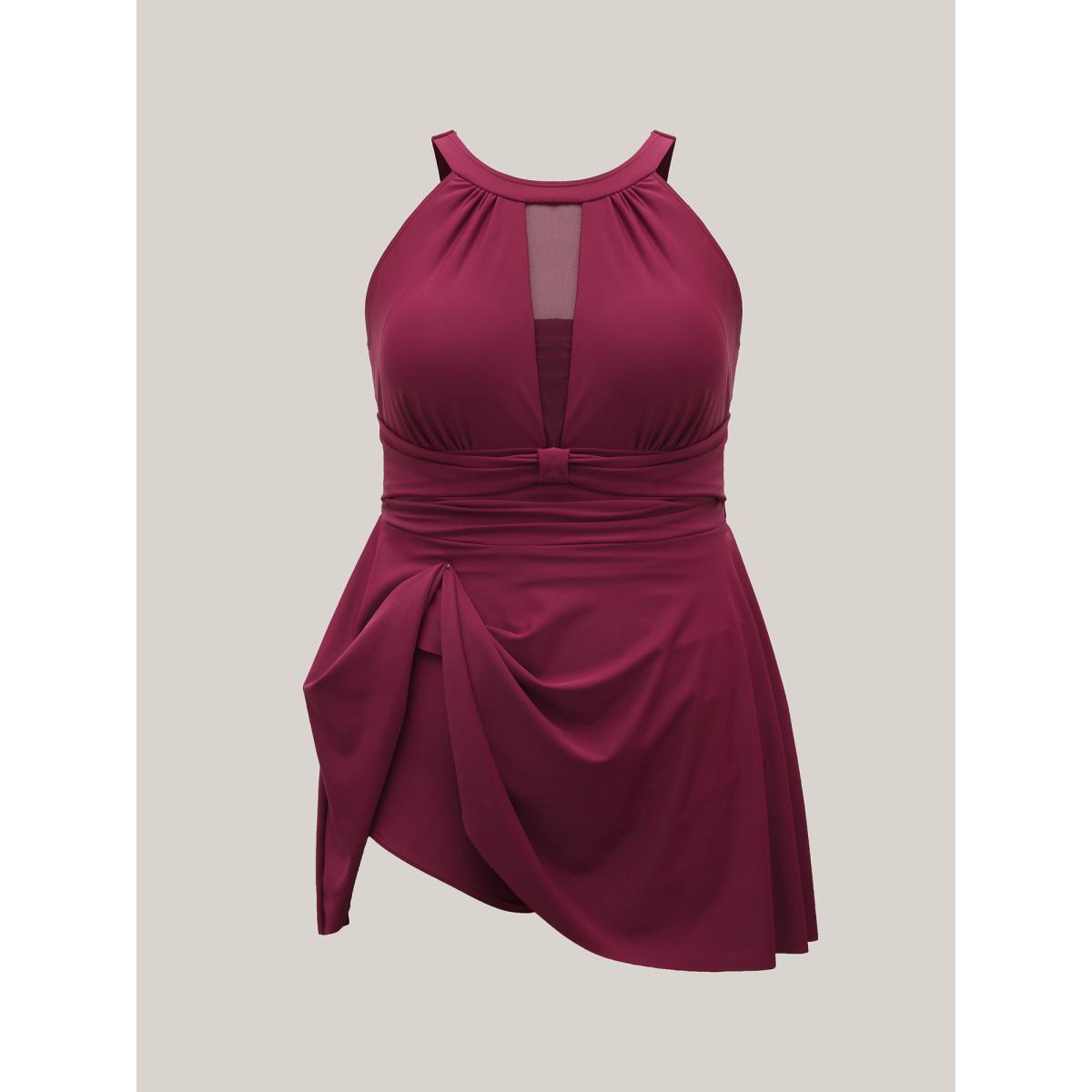 Plus Size Anti Float Tie Sheer Swim Dress Women's Swimwear Deeppurple Resort Bodycon Round Neck High stretch Curve Swim Dresses BloomChic 18-20/2X Product Image