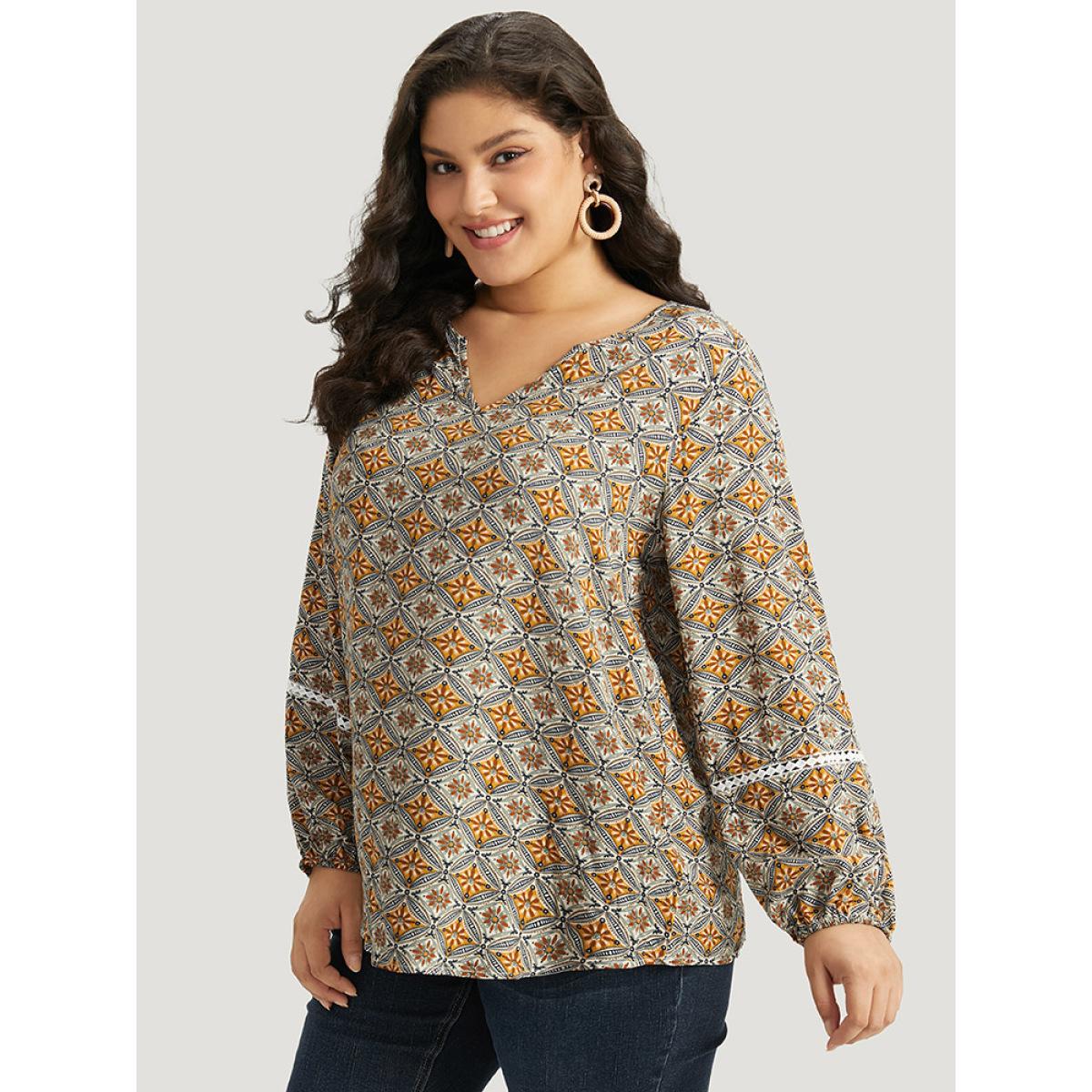 Plus Size Bronze Boho Print Notched Contrast Lace Blouse Women Vacation Long Sleeve Notched collar Dailywear Blouses BloomChic 14-16/1X Product Image