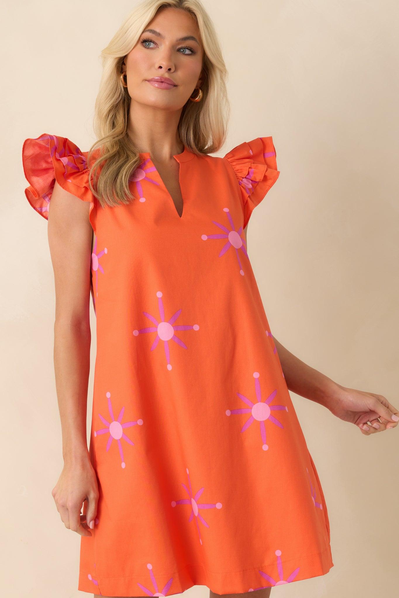 A Gentle Life Orange Floral Cotton Flutter Sleeve Mini Dress Product Image