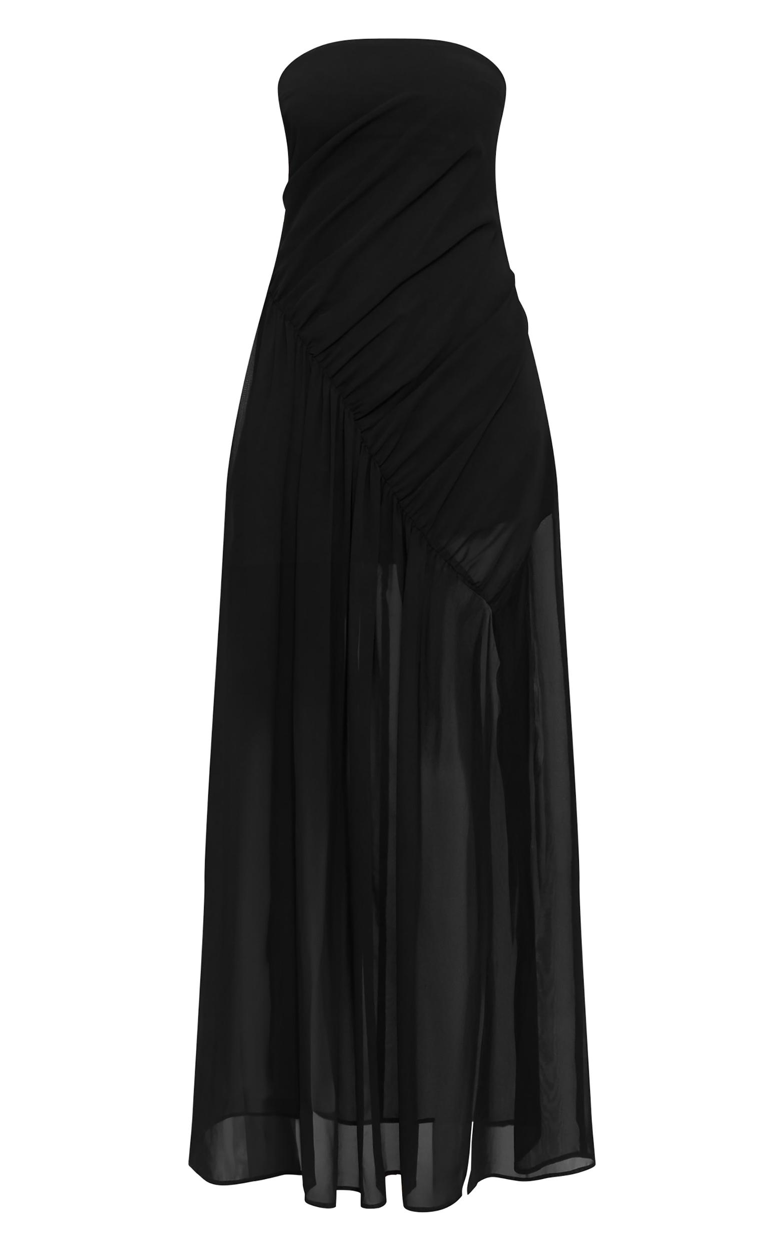 Black Double Layer Mesh Bandeau Asymmetric Ruching Maxi Dress Product Image