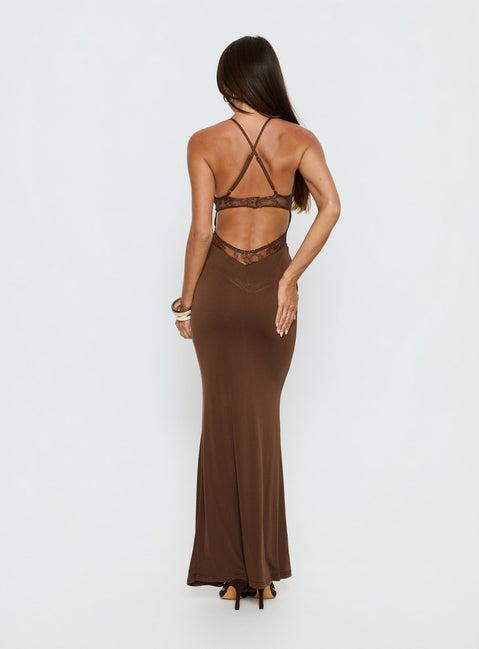Totema Lace Halter Maxi Dress Chocolate Product Image