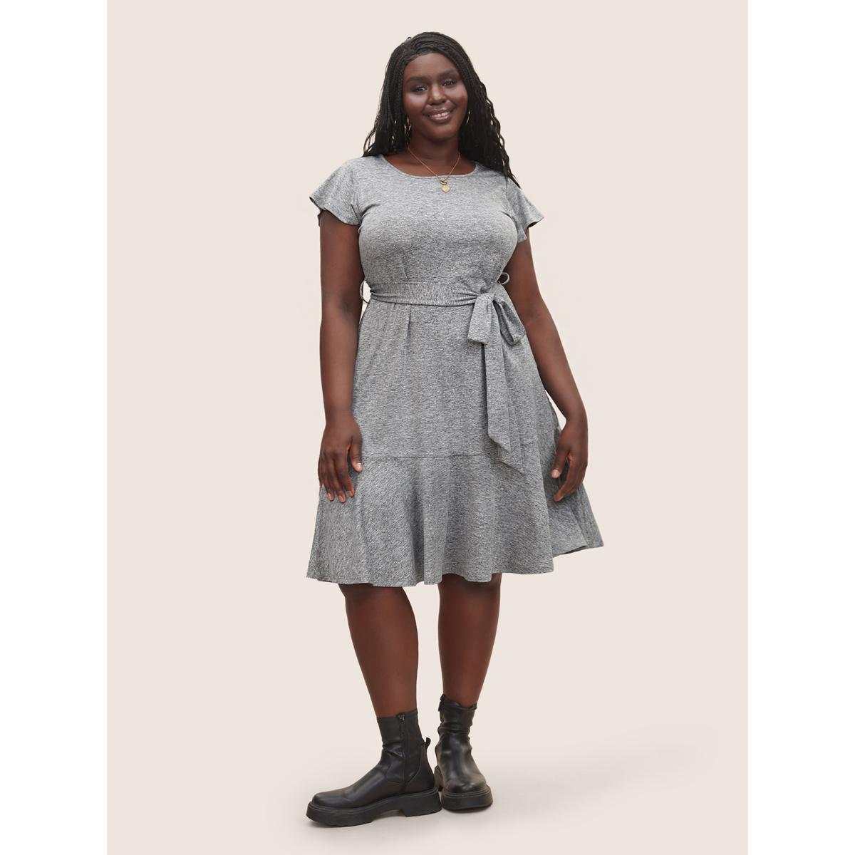 Plus Size Solid Patchwork Ruffle Cap Sleeve Belted Dress Gray Women Basics Belted Round Neck Cap Sleeve Curvy Midi Dress BloomChic 12/L Product Image