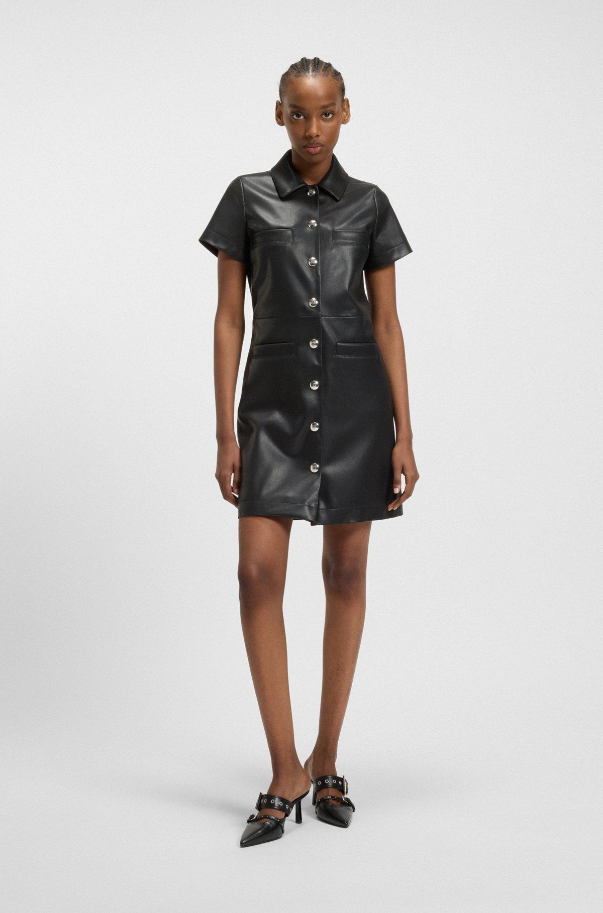 HUGO - Shirt dress in faux leather with press-stud buttons - Black Product Image