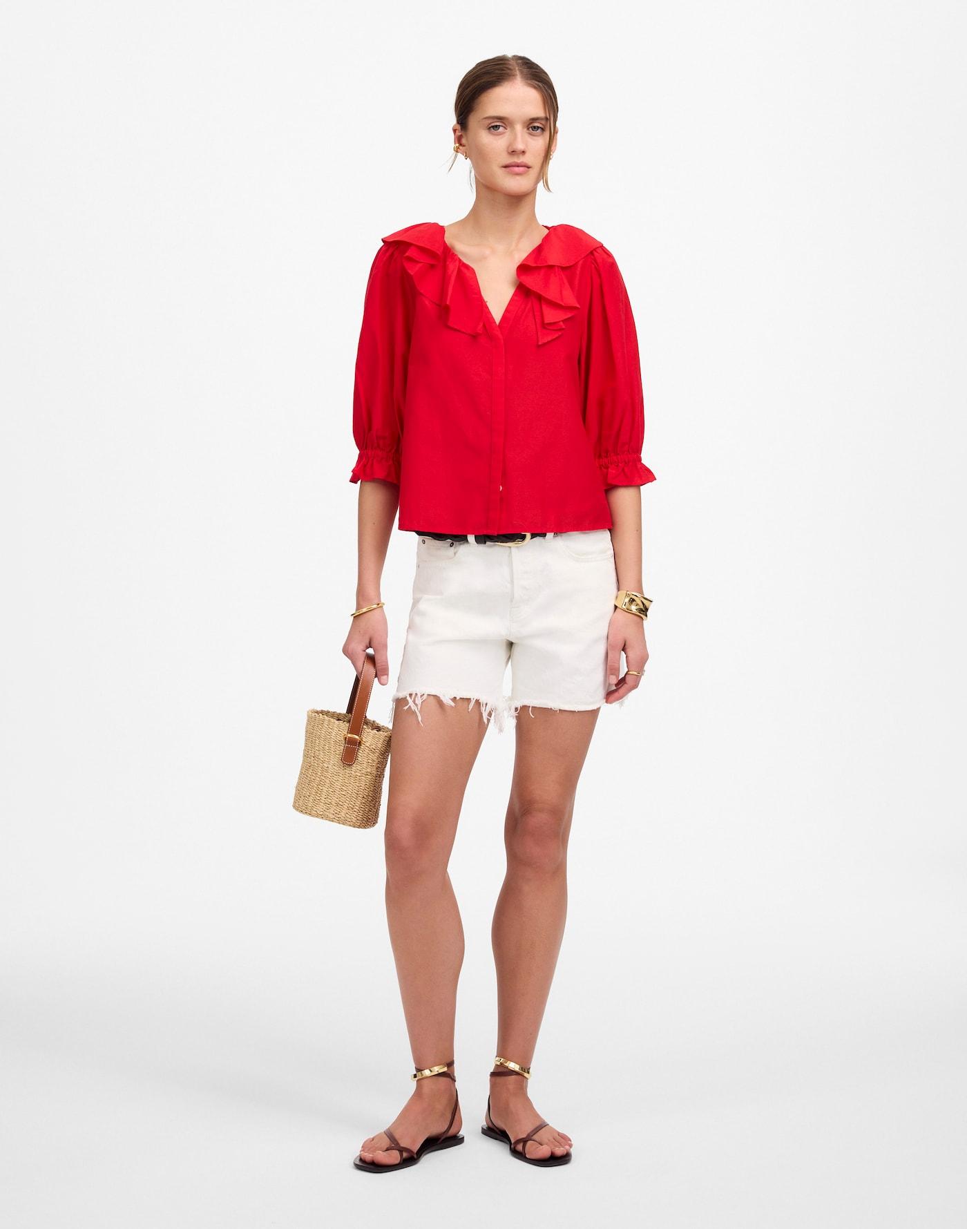 Ruffled Y-Neck Top in Cotton-Silk Product Image