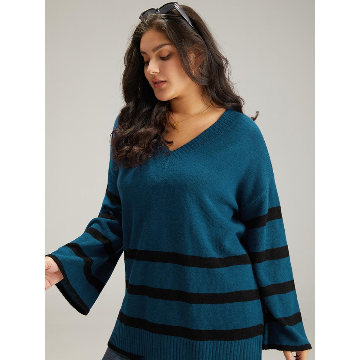 Plus Size Striped Bell Sleeve Moderately Stretchy Pullover Burgundy Women Casual Loose Long Sleeve V-neck Dailywear Pullovers BloomChic 14-16/1X Product Image