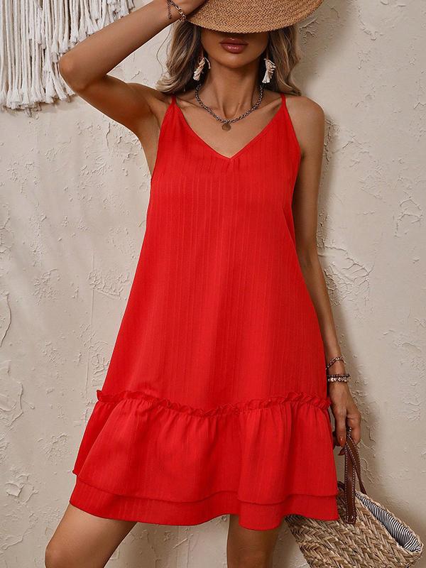 Loose Sleeveless Double Layered Elasticity Pleated Solid Color V-Neck Mini Dresses Product Image