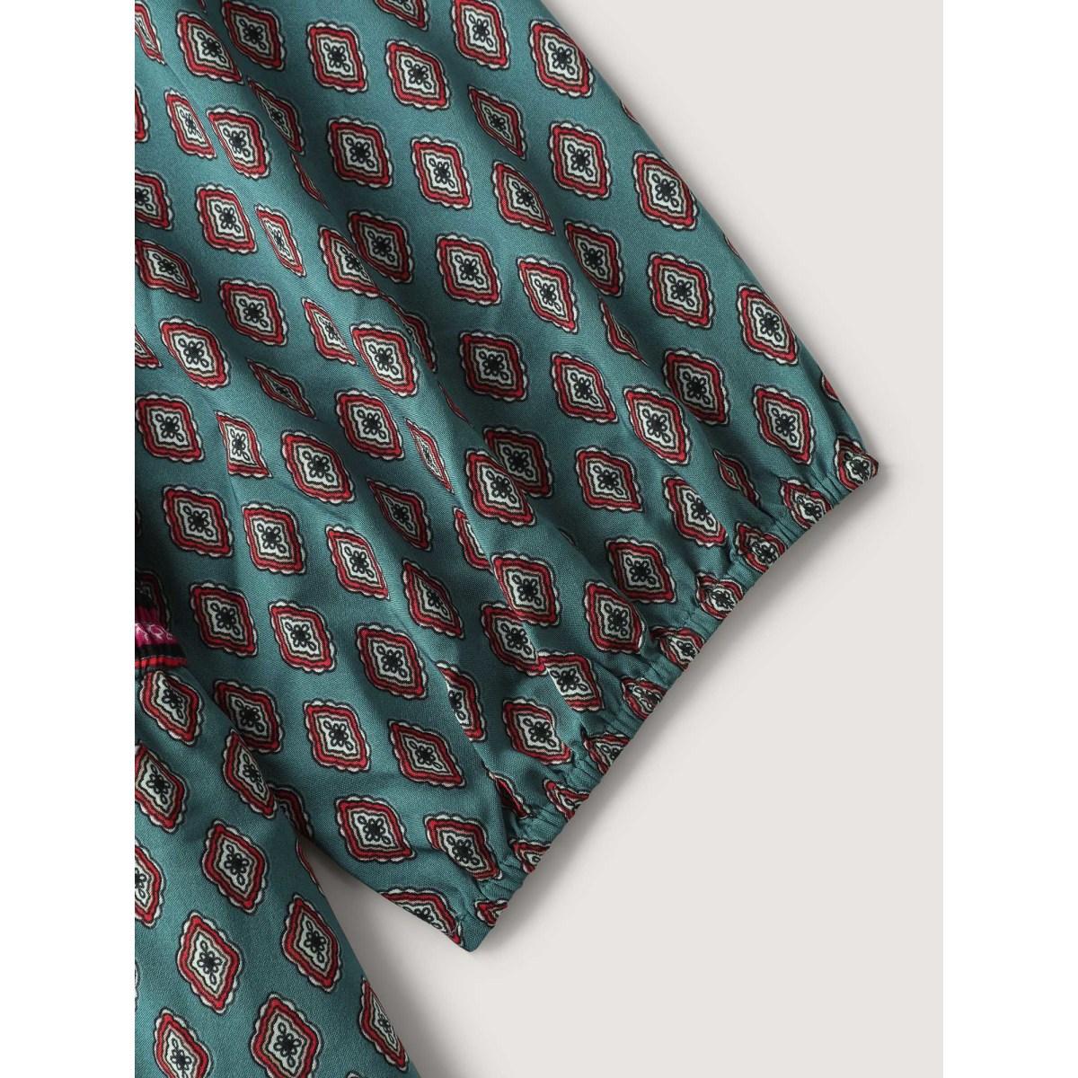 Plus Size Paisley Print Shirred Bodice Midi Dress Teal Women Boho Square Neck Elbow-length sleeve Curvy BloomChic 26/4X Product Image