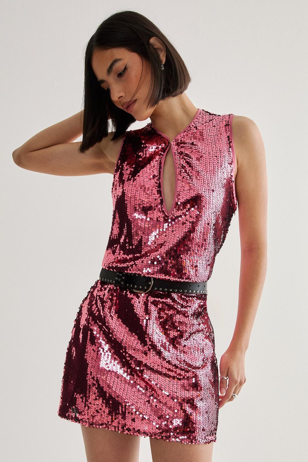 Sequin Plunge Keyhole Blouson Mini Dress Product Image