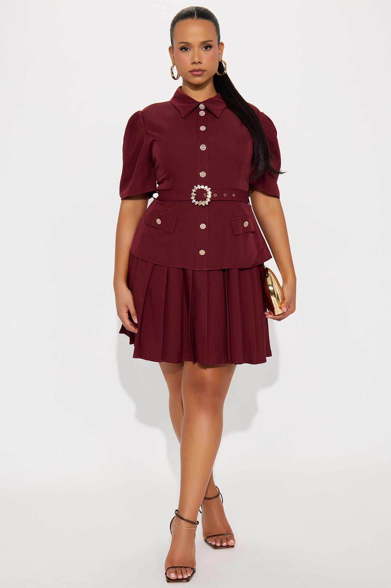 Nadia Belted Pleated Mini Dress - Wine Female Product Image