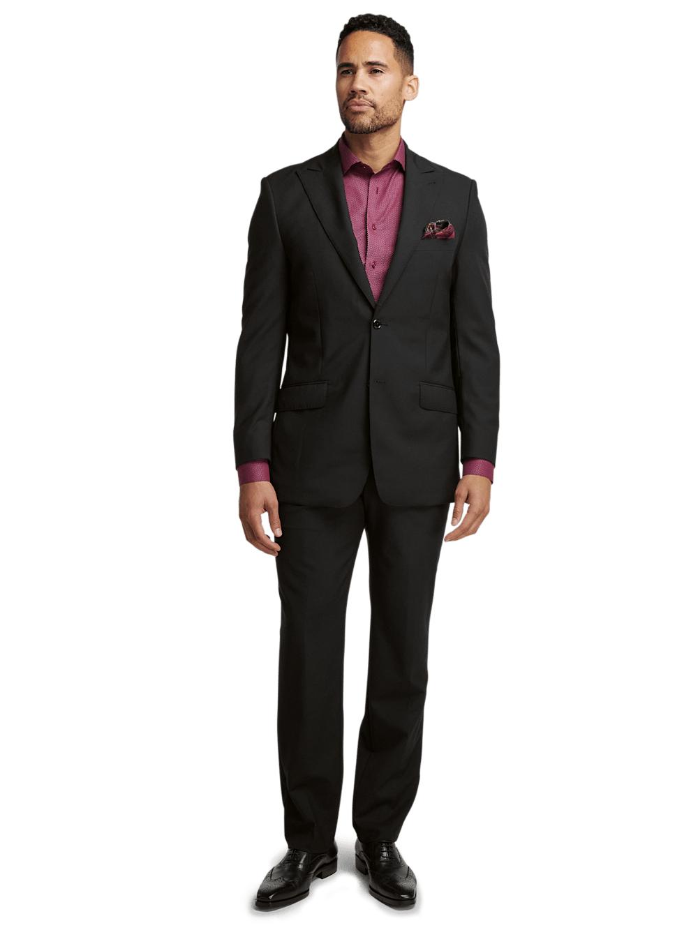Wool Stretch Bengaline Single Breasted Peak Lapel Suit - Black Product Image