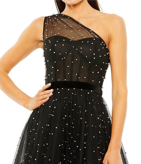 Mac Duggal One Shoulder Pearl Beaded Midi Gown Product Image